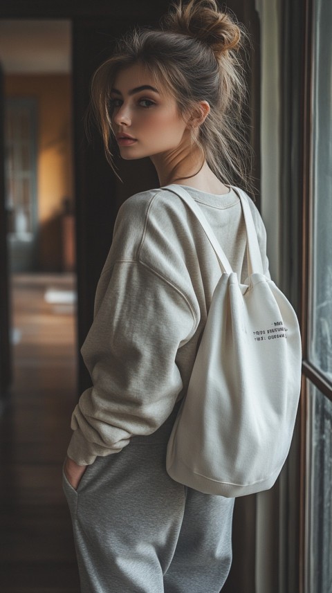 Back View of a Woman in a Cropped Sweatshirt and Sweatpants with a Tote Bag – Casual Aesthetic (42)