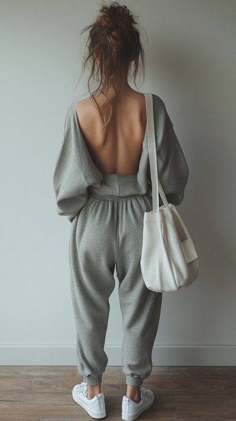 Back View of a Woman in a Cropped Sweatshirt and Sweatpants with a Tote Bag – Casual Aesthetic (59)