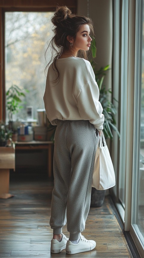 Back View of a Woman in a Cropped Sweatshirt and Sweatpants with a Tote Bag – Casual Aesthetic (51)