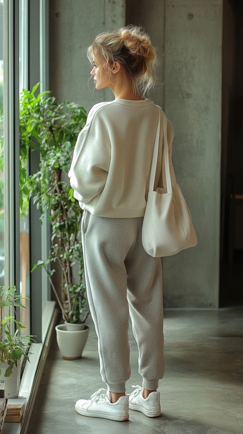 Back View of a Woman in a Cropped Sweatshirt and Sweatpants with a Tote Bag – Casual Aesthetic (41)