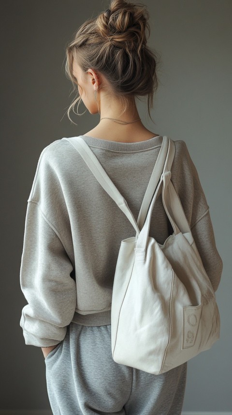 Back View of a Woman in a Cropped Sweatshirt and Sweatpants with a Tote Bag – Casual Aesthetic (46)