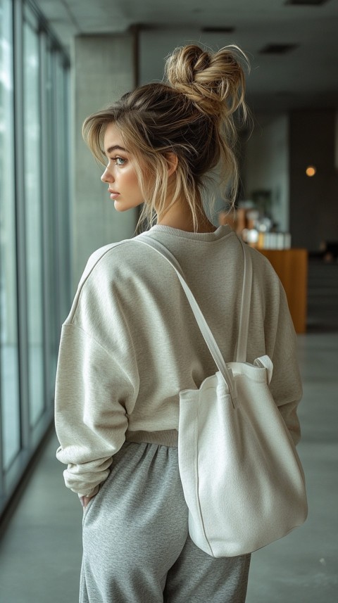 Back View of a Woman in a Cropped Sweatshirt and Sweatpants with a Tote Bag – Casual Aesthetic (54)