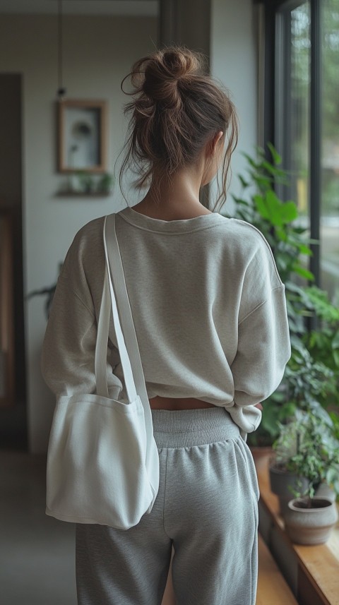 Back View of a Woman in a Cropped Sweatshirt and Sweatpants with a Tote Bag – Casual Aesthetic (32)