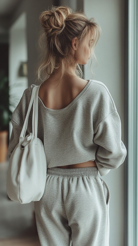 Back View of a Woman in a Cropped Sweatshirt and Sweatpants with a Tote Bag – Casual Aesthetic (50)