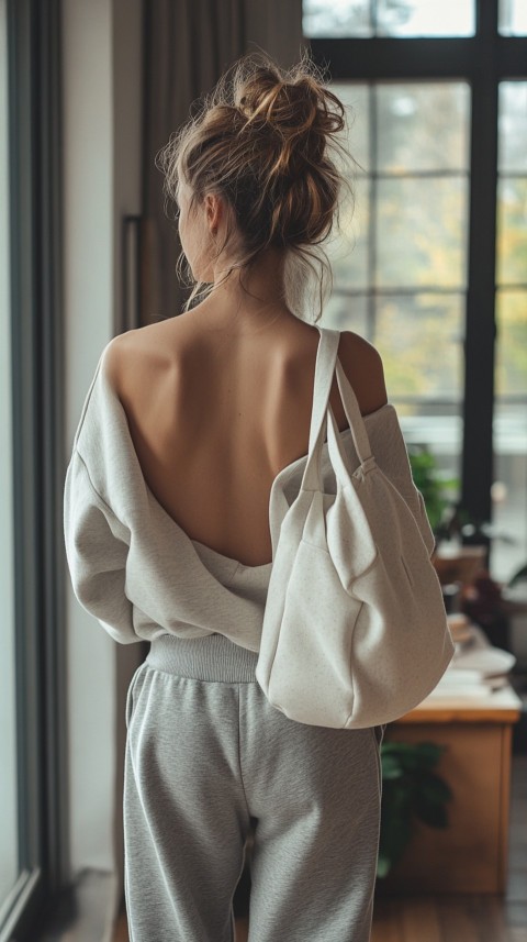 Back View of a Woman in a Cropped Sweatshirt and Sweatpants with a Tote Bag – Casual Aesthetic (72)