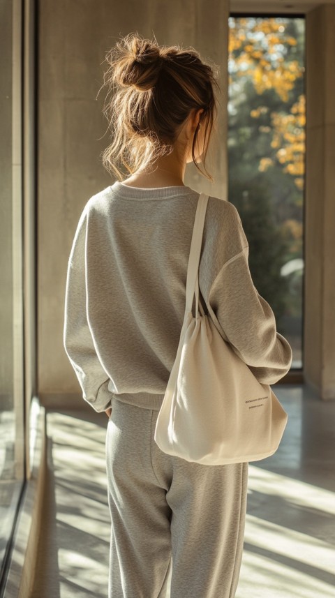 Back View of a Woman in a Cropped Sweatshirt and Sweatpants with a Tote Bag – Casual Aesthetic (64)