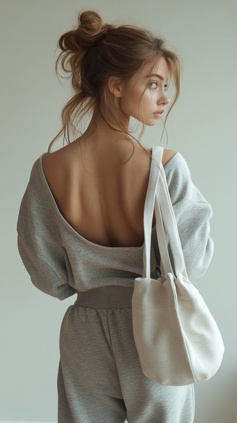 Back View of a Woman in a Cropped Sweatshirt and Sweatpants with a Tote Bag – Casual Aesthetic (62)