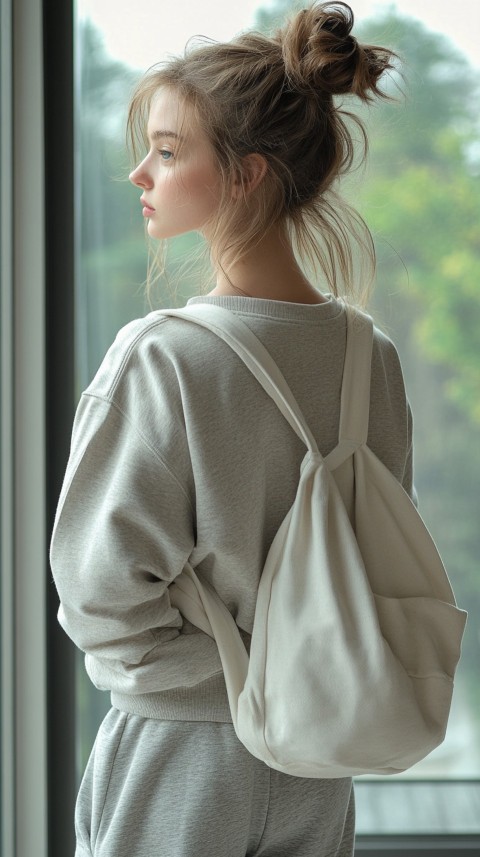 Back View of a Woman in a Cropped Sweatshirt and Sweatpants with a Tote Bag – Casual Aesthetic (67)