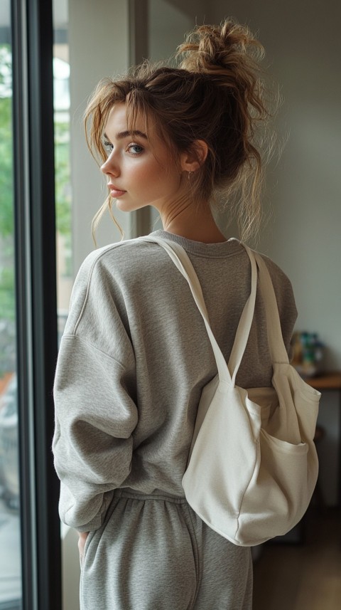 Back View of a Woman in a Cropped Sweatshirt and Sweatpants with a Tote Bag – Casual Aesthetic (65)