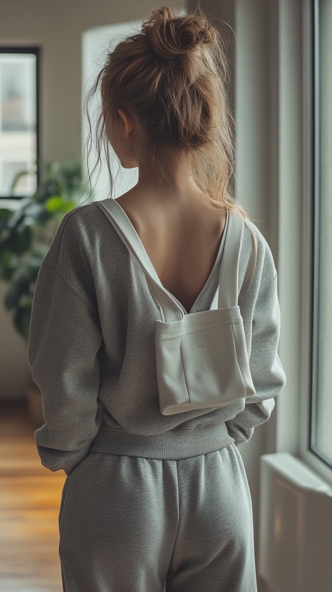 Back View of a Woman in a Cropped Sweatshirt and Sweatpants with a Tote Bag – Casual Aesthetic (73)