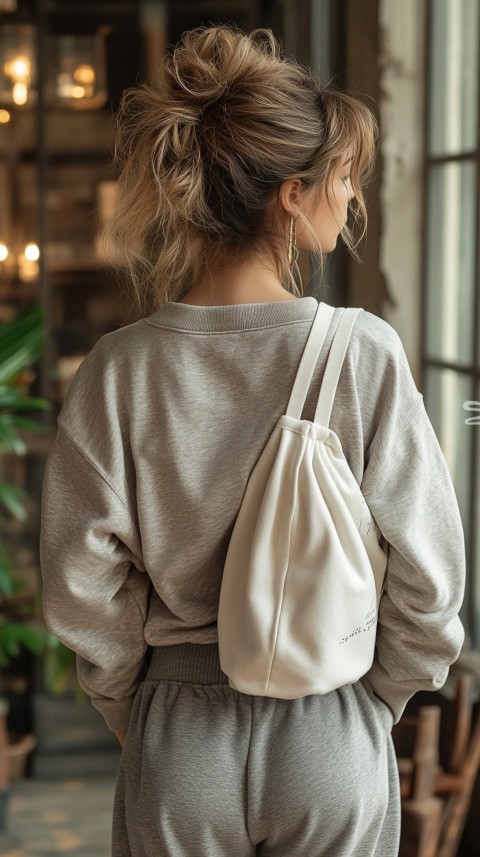 Back View of a Woman in a Cropped Sweatshirt and Sweatpants with a Tote Bag – Casual Aesthetic (63)