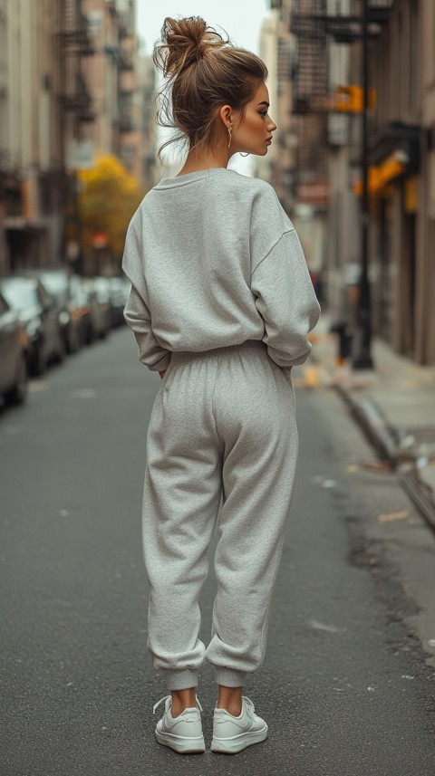 Back View of a Woman in a Light Sweatshirt and Sweatpants with a Messy Bun on an Empty Street – Casual Aesthetic (15)