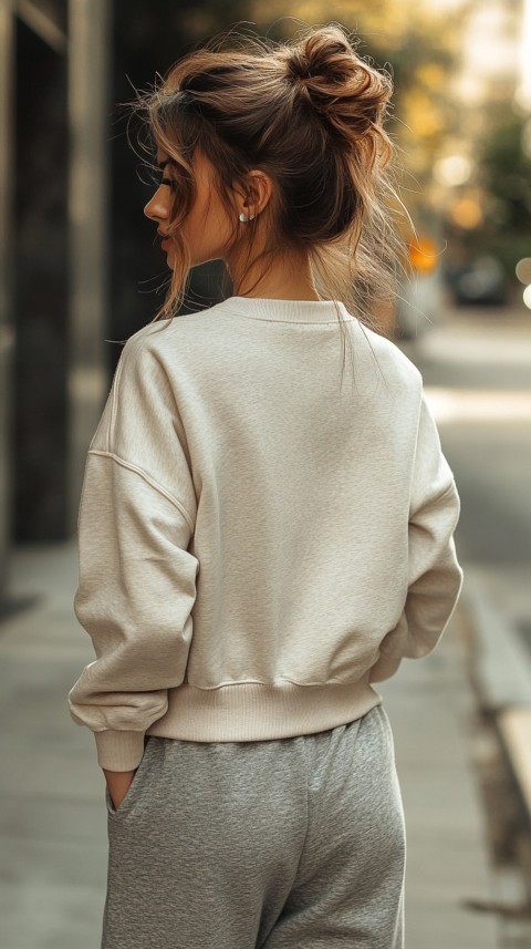 Back View of a Woman in a Light Sweatshirt and Sweatpants with a Messy Bun on an Empty Street – Casual Aesthetic (10)