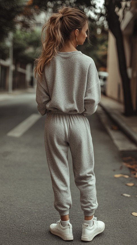 Back View of a Woman in a Light Sweatshirt and Sweatpants with a Messy Bun on an Empty Street – Casual Aesthetic (6)