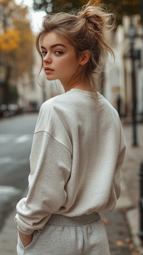 Back View of a Woman in a Light Sweatshirt and Sweatpants with a Messy Bun on an Empty Street – Casual Aesthetic (19)