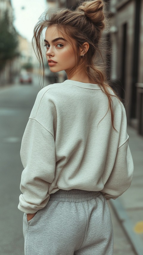 Back View of a Woman in a Light Sweatshirt and Sweatpants with a Messy Bun on an Empty Street – Casual Aesthetic (16)