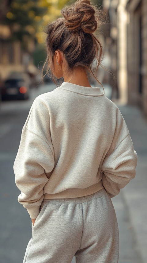 Back View of a Woman in a Light Sweatshirt and Sweatpants with a Messy Bun on an Empty Street – Casual Aesthetic (14)