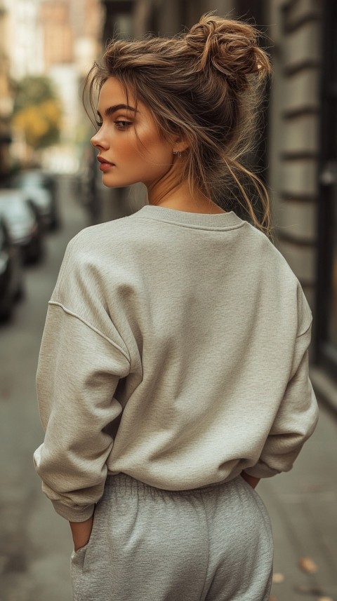 Back View of a Woman in a Light Sweatshirt and Sweatpants with a Messy Bun on an Empty Street – Casual Aesthetic (17)