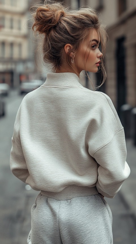 Back View of a Woman in a Light Sweatshirt and Sweatpants with a Messy Bun on an Empty Street – Casual Aesthetic (3)