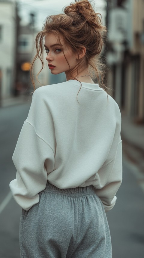 Back View of a Woman in a Light Sweatshirt and Sweatpants with a Messy Bun on an Empty Street – Casual Aesthetic (43)