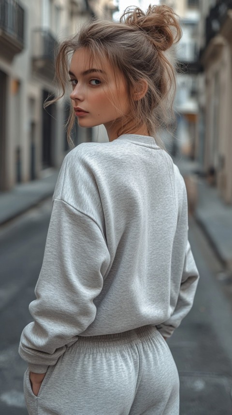 Back View of a Woman in a Light Sweatshirt and Sweatpants with a Messy Bun on an Empty Street – Casual Aesthetic (39)