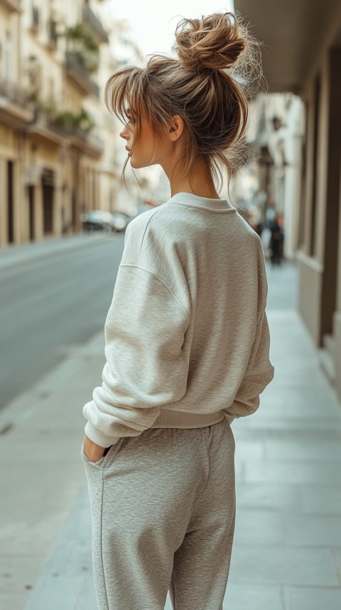 Back View of a Woman in a Light Sweatshirt and Sweatpants with a Messy Bun on an Empty Street – Casual Aesthetic (41)