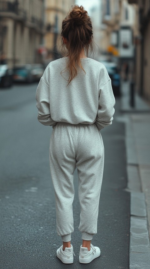 Back View of a Woman in a Light Sweatshirt and Sweatpants with a Messy Bun on an Empty Street – Casual Aesthetic (46)