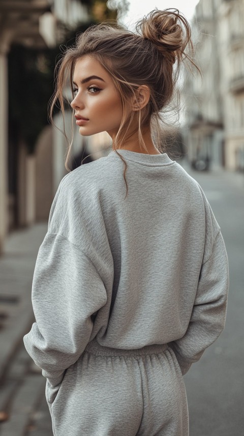 Back View of a Woman in a Light Sweatshirt and Sweatpants with a Messy Bun on an Empty Street – Casual Aesthetic (40)