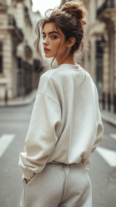 Back View of a Woman in a Light Sweatshirt and Sweatpants with a Messy Bun on an Empty Street – Casual Aesthetic (49)