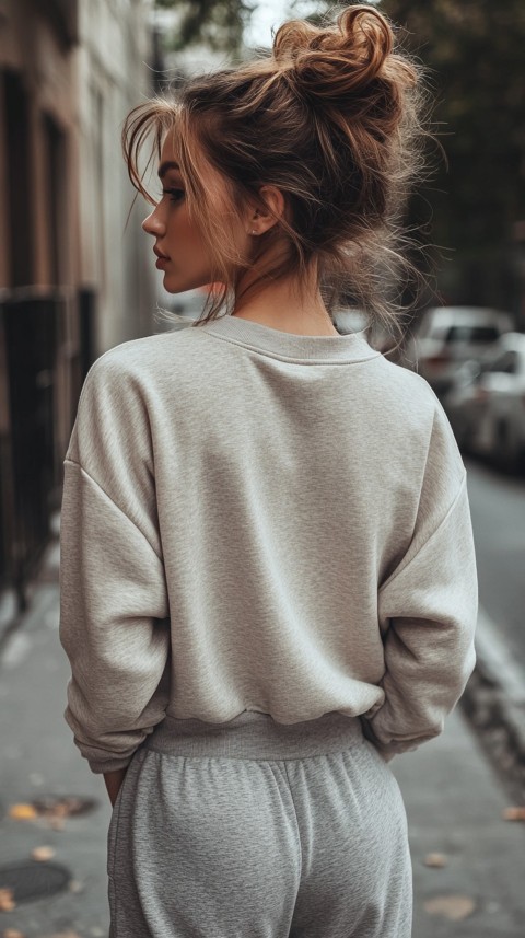 Back View of a Woman in a Light Sweatshirt and Sweatpants with a Messy Bun on an Empty Street – Casual Aesthetic (25)