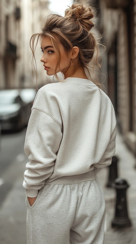 Back View of a Woman in a Light Sweatshirt and Sweatpants with a Messy Bun on an Empty Street – Casual Aesthetic (29)