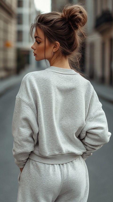 Back View of a Woman in a Light Sweatshirt and Sweatpants with a Messy Bun on an Empty Street – Casual Aesthetic (44)