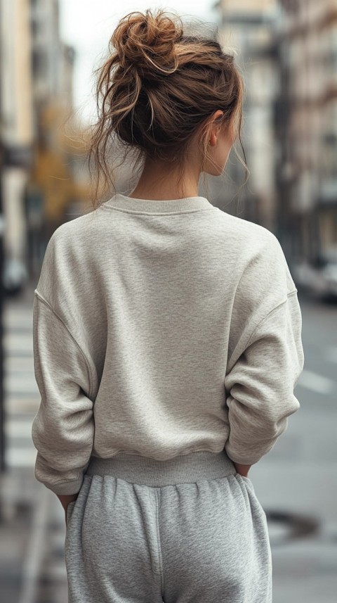 Back View of a Woman in a Light Sweatshirt and Sweatpants with a Messy Bun on an Empty Street – Casual Aesthetic (30)