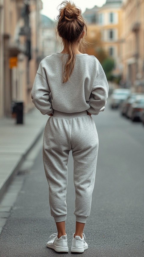 Back View of a Woman in a Light Sweatshirt and Sweatpants with a Messy Bun on an Empty Street – Casual Aesthetic (36)