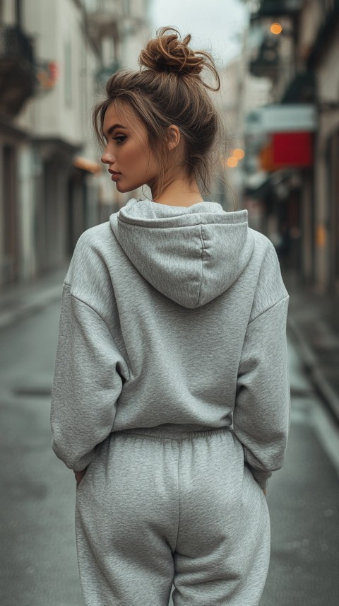 Back View of a Woman in a Light Sweatshirt and Sweatpants with a Messy Bun on an Empty Street – Casual Aesthetic (23)