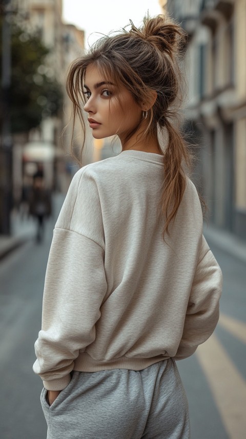 Back View of a Woman in a Light Sweatshirt and Sweatpants with a Messy Bun on an Empty Street – Casual Aesthetic (62)