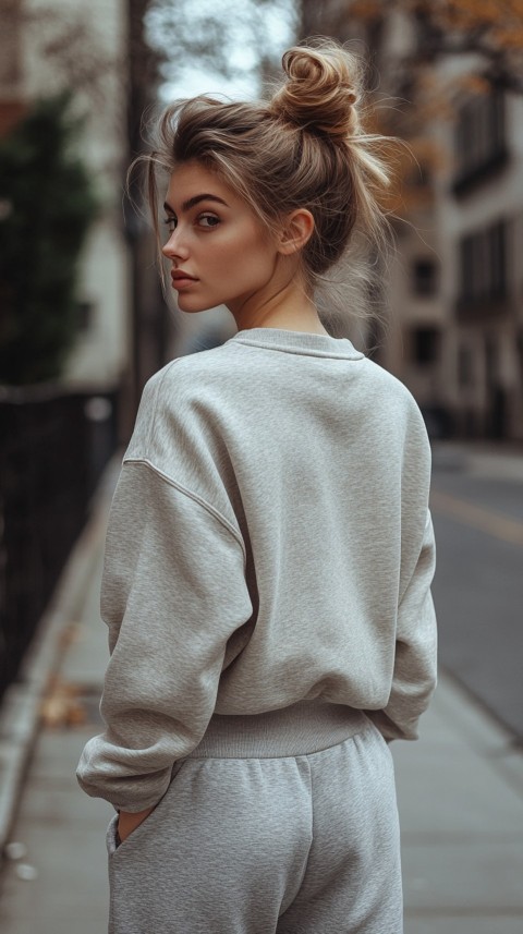 Back View of a Woman in a Light Sweatshirt and Sweatpants with a Messy Bun on an Empty Street – Casual Aesthetic (77)