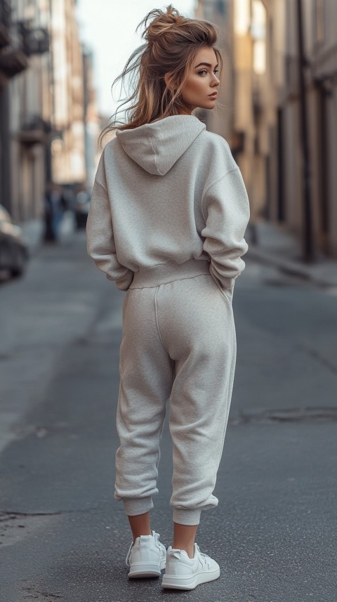 Back View of a Woman in a Light Sweatshirt and Sweatpants with a Messy Bun on an Empty Street – Casual Aesthetic (76)