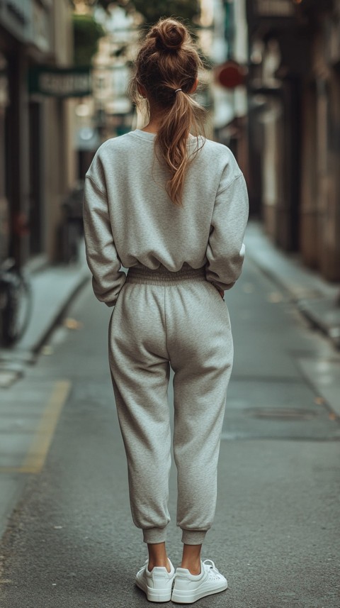 Back View of a Woman in a Light Sweatshirt and Sweatpants with a Messy Bun on an Empty Street – Casual Aesthetic (53)