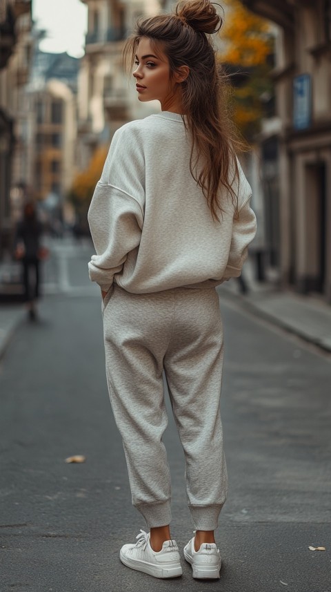 Back View of a Woman in a Light Sweatshirt and Sweatpants with a Messy Bun on an Empty Street – Casual Aesthetic (51)