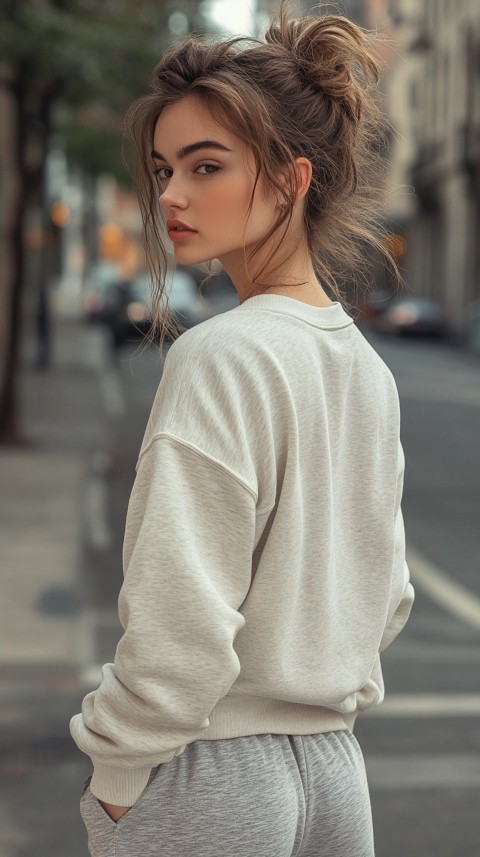 Back View of a Woman in a Light Sweatshirt and Sweatpants with a Messy Bun on an Empty Street – Casual Aesthetic (58)