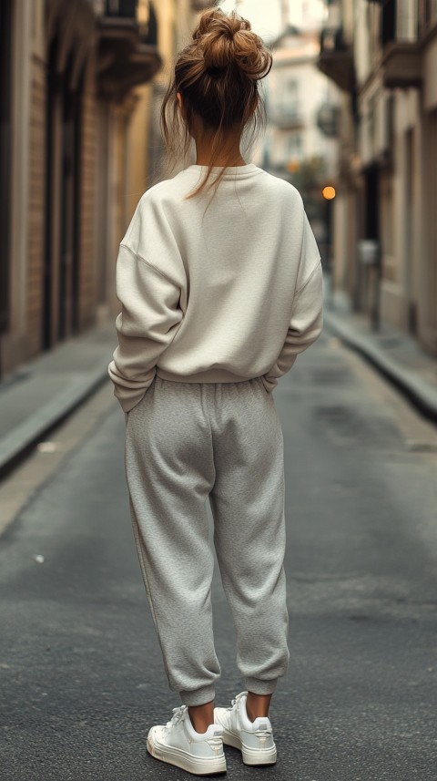 Back View of a Woman in a Light Sweatshirt and Sweatpants with a Messy Bun on an Empty Street – Casual Aesthetic (80)