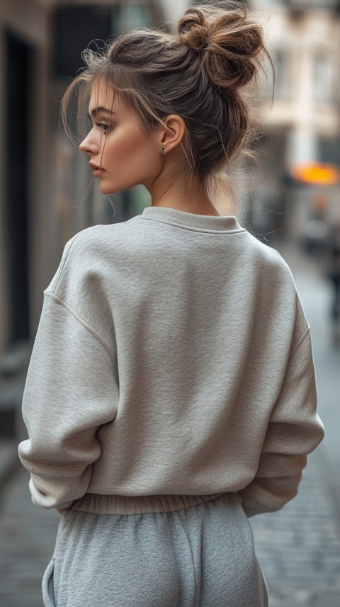 Back View of a Woman in a Light Sweatshirt and Sweatpants with a Messy Bun on an Empty Street – Casual Aesthetic (57)