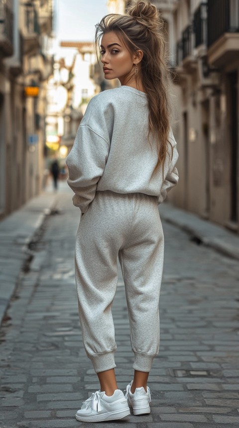 Back View of a Woman in a Light Sweatshirt and Sweatpants with a Messy Bun on an Empty Street – Casual Aesthetic (66)