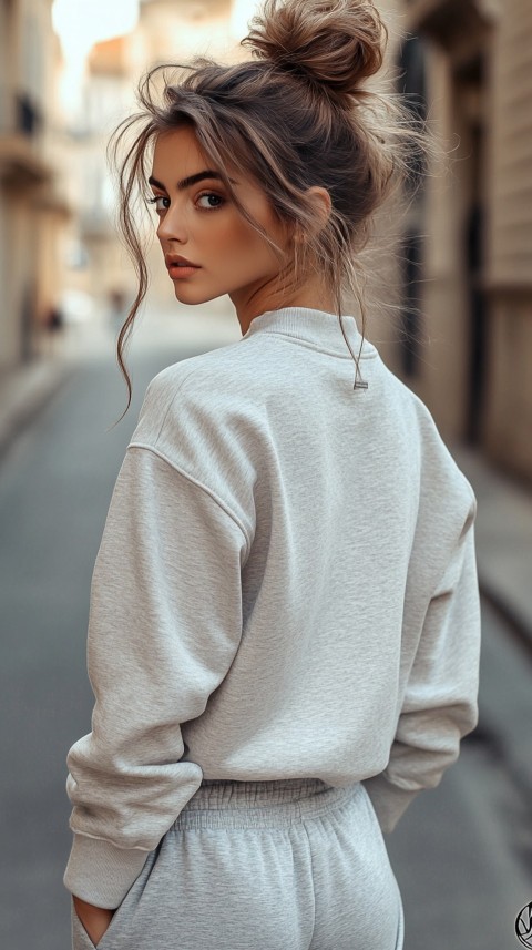 Back View of a Woman in a Light Sweatshirt and Sweatpants with a Messy Bun on an Empty Street – Casual Aesthetic (72)