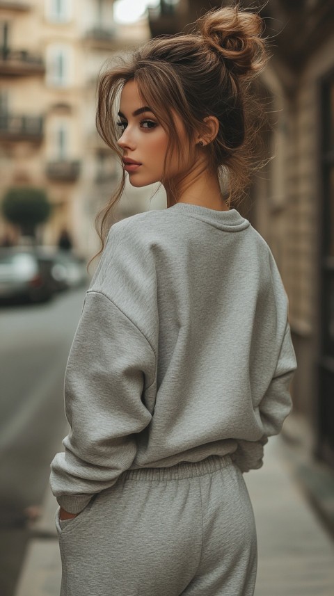 Back View of a Woman in a Light Sweatshirt and Sweatpants with a Messy Bun on an Empty Street – Casual Aesthetic (69)