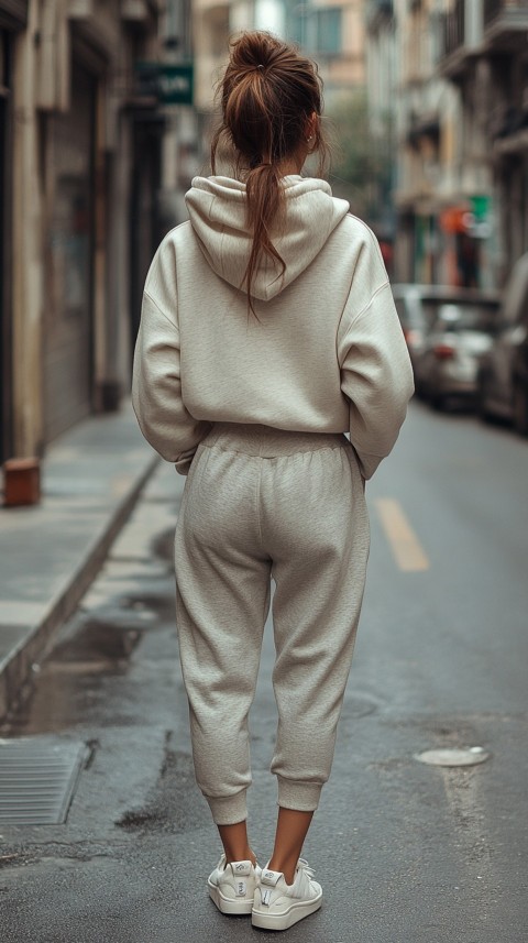 Back View of a Woman in a Light Sweatshirt and Sweatpants with a Messy Bun on an Empty Street – Casual Aesthetic (75)