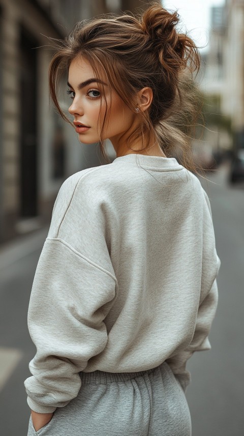 Back View of a Woman in a Light Sweatshirt and Sweatpants with a Messy Bun on an Empty Street – Casual Aesthetic (70)