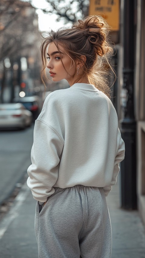 Back View of a Woman in a Light Sweatshirt and Sweatpants with a Messy Bun on an Empty Street – Casual Aesthetic (84)