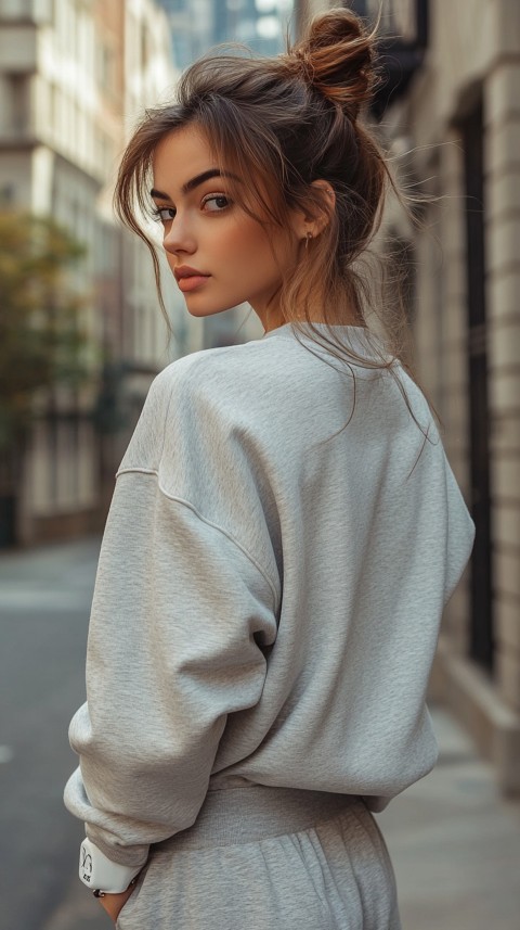 Back View of a Woman in a Light Sweatshirt and Sweatpants with a Messy Bun on an Empty Street – Casual Aesthetic (82)